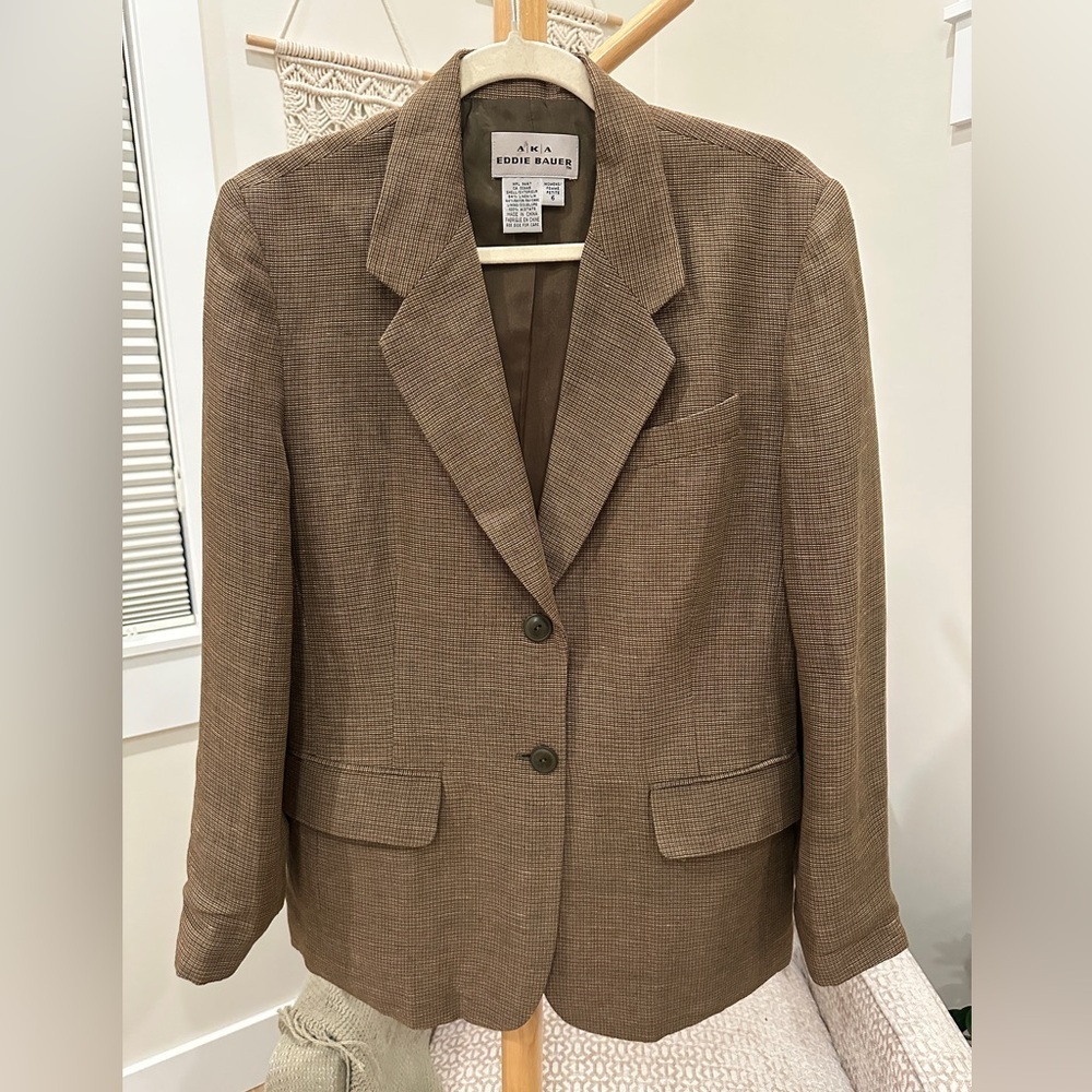 Eddie Bauer Brown Linen Blend Houndstooth Blazer Petite 6